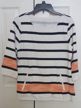 Talbots White, Black & Orange Striped Scoop Neck Tunic Womens Medium Petite